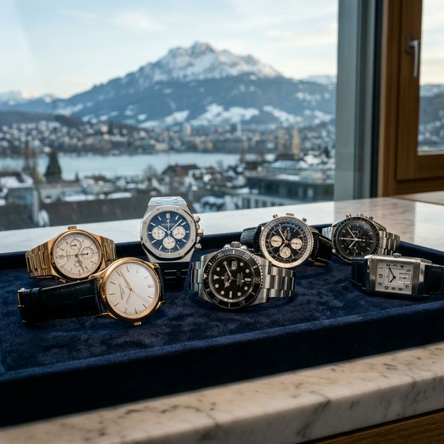 Swiss watches displayed against the Alps